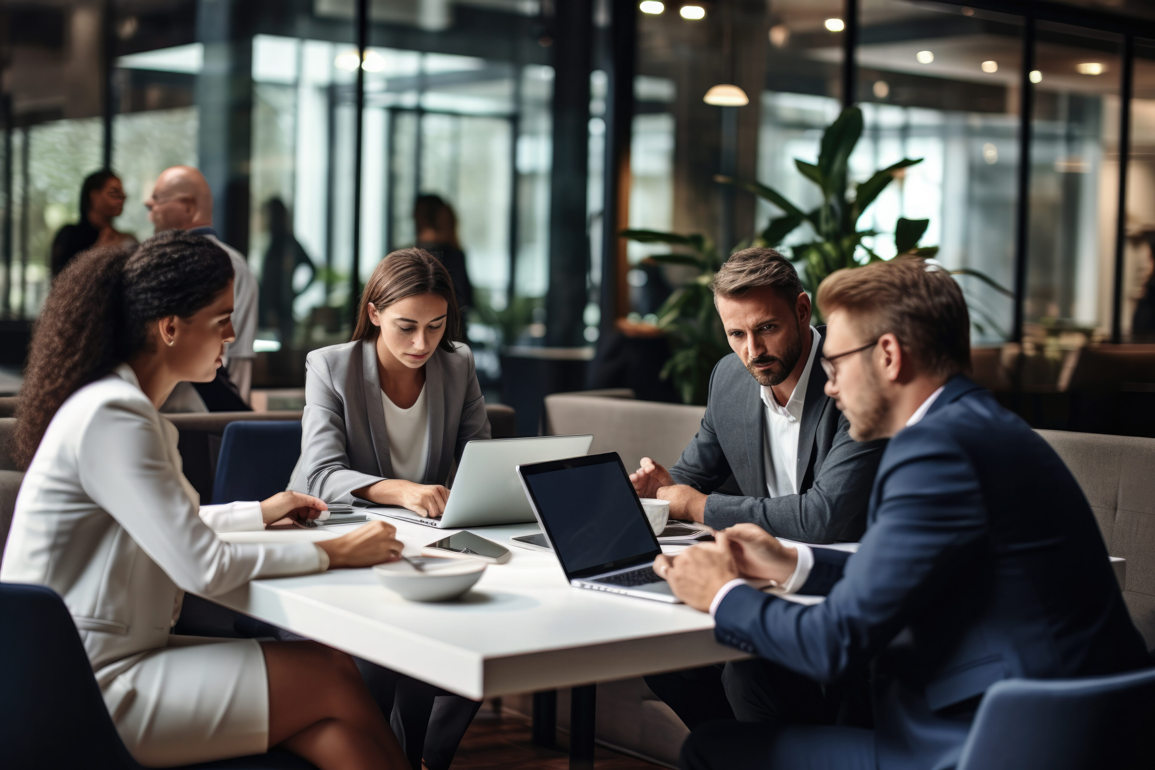 Businesspeople having a discussion in the meeting while collaborating on a new project in a modern workspace.
